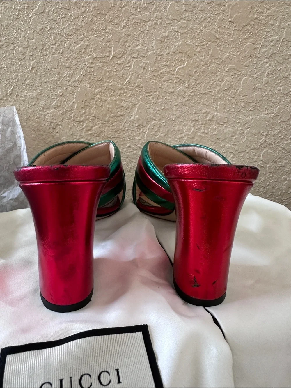 Gucci Metallic Teal and Fuchsia Crisscross Slide Mules - Picture 10 of 16